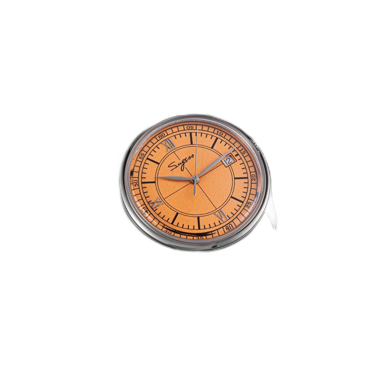 Sugess S455 Art Master salmon frosted dial dress watch, grey suede strap, angled flat lay on dark wood