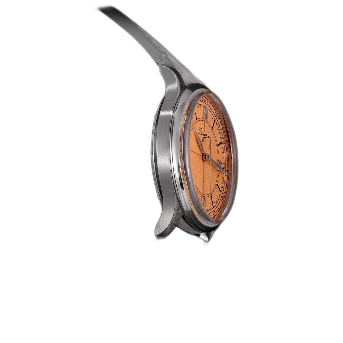 Sugess S455 Art Master salmon dial dress watch side profile, blue gem crown, grey suede strap, on black