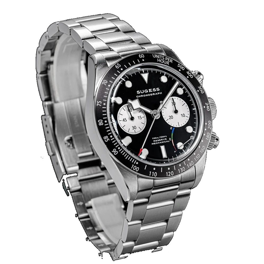 Sugess S457 black dial manual chronograph, white sub-dials, steel bracelet, front three-quarter view on black