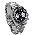Sugess S457 black dial manual chronograph, white sub-dials, steel bracelet, front three-quarter view on black