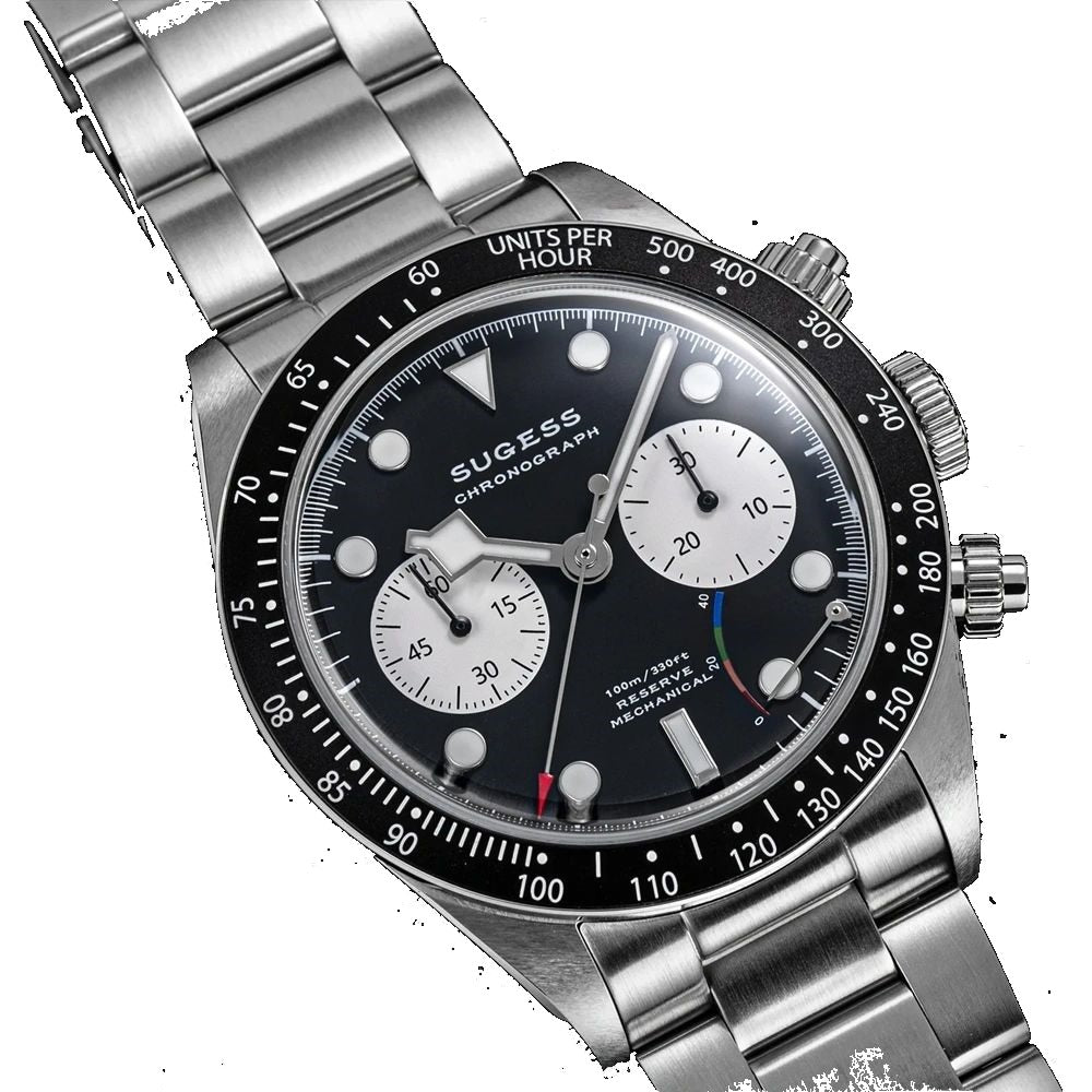 Sugess S457 black dial manual chronograph, white sub-dials, steel bracelet, front angled view on black