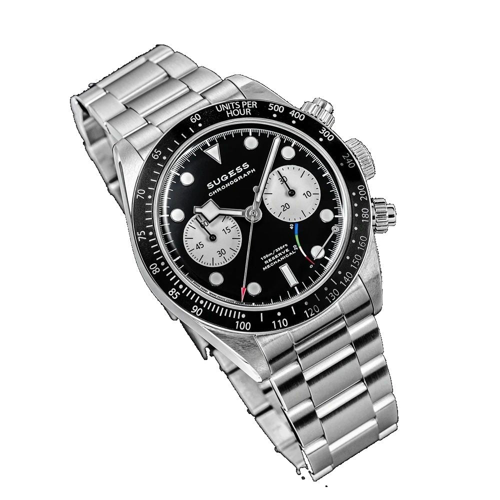 Sugess S457 black dial manual chronograph, white sub-dials, steel bracelet, angled view on black