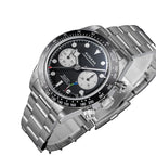 Sugess S457 black dial manual chronograph, white sub-dials, steel bracelet, dynamic angled view on black