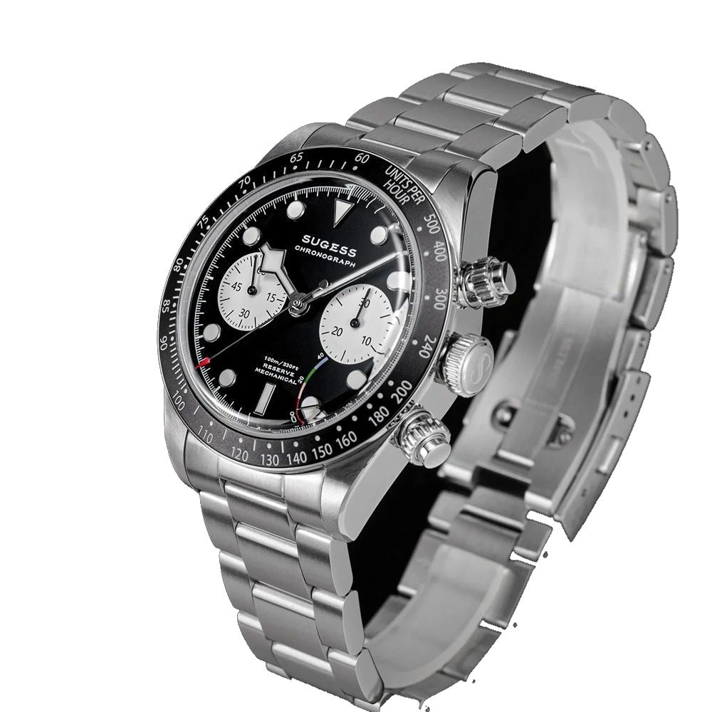 Sugess S457 black dial manual chronograph, white sub-dials, steel bracelet, three-quarter angled view on black