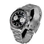 Sugess S457 black dial manual chronograph, white sub-dials, steel bracelet, three-quarter angled view on black