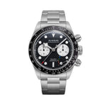 Sugess S457 BB manual chronograph 41mm, black dial, white sub-dials, tachymeter bezel, steel bracelet, front view