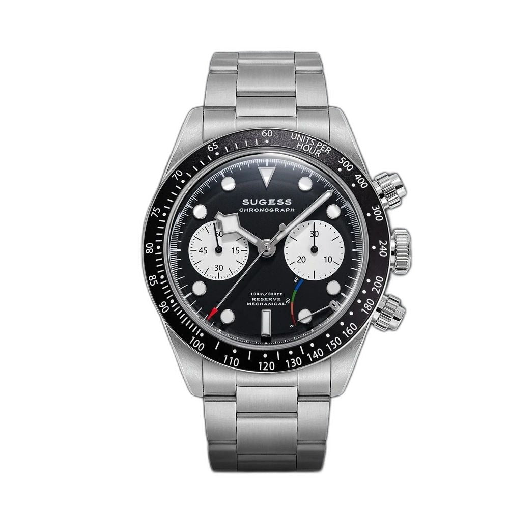 Sugess S457 BB manual chronograph 41mm, black dial, white sub-dials, tachymeter bezel, steel bracelet, front view