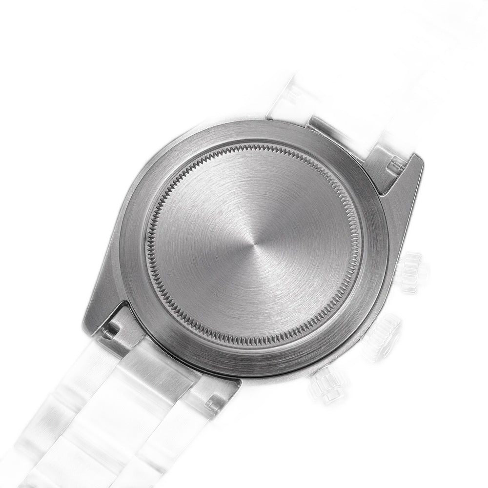 Sugess S457 chronograph solid steel screw-down caseback and steel bracelet, on black