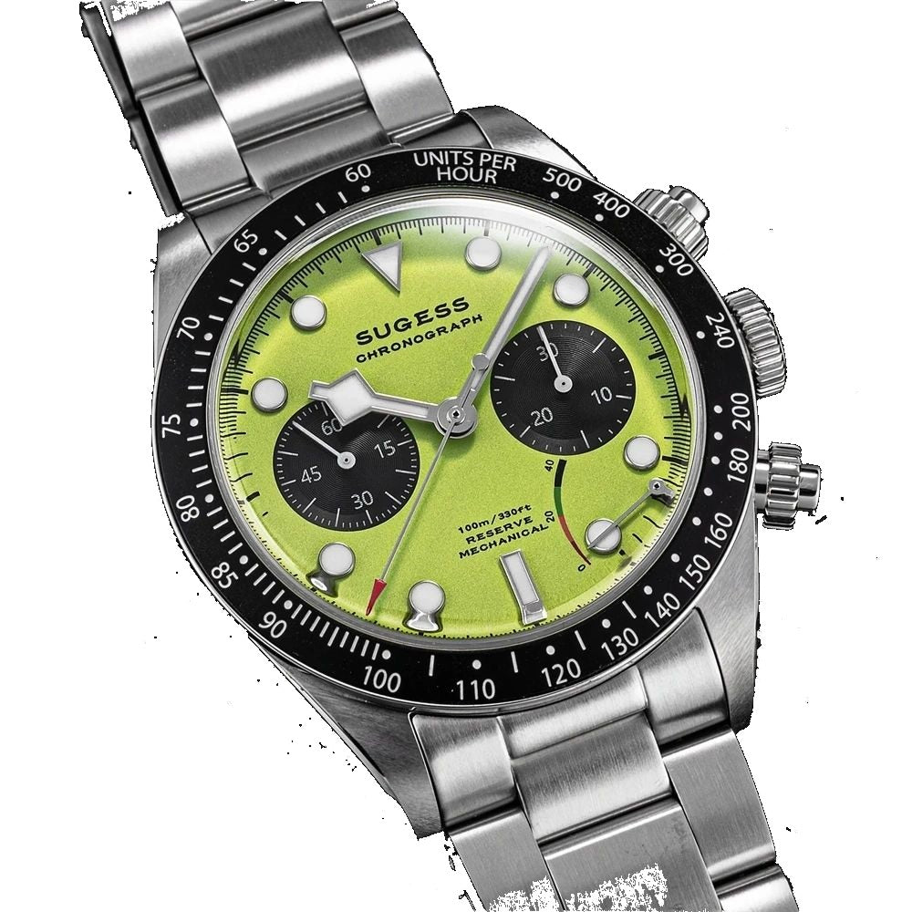 Sugess S457 lime green dial manual chronograph, black sub-dials, steel bracelet, angled view on black