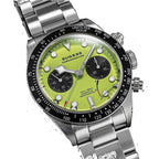 Sugess S457 lime green dial manual chronograph, black sub-dials, steel bracelet, angled view on black
