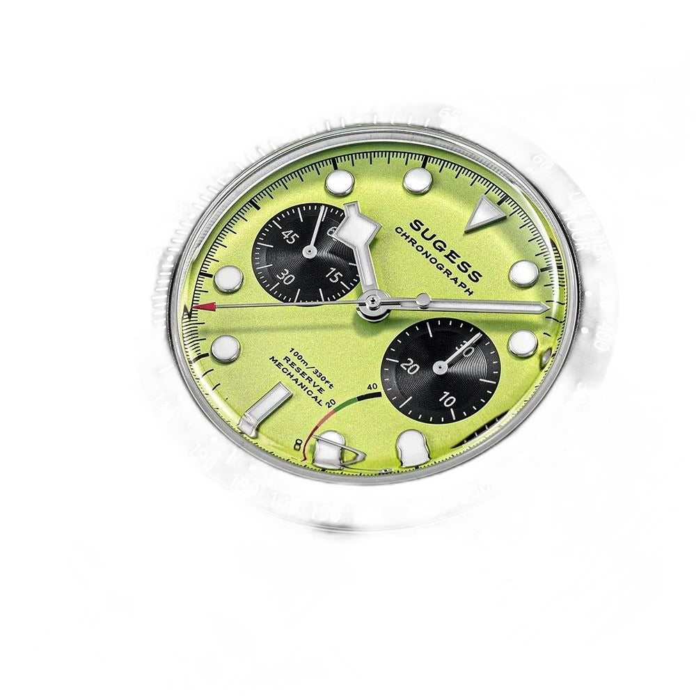 Sugess S457 lime green dial manual chronograph, black sub-dials, steel bracelet, front three-quarter on black