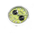 Sugess S457 lime green dial manual chronograph, black sub-dials, steel bracelet, front three-quarter on black