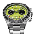 Sugess S457 lime green dial manual chronograph, black sub-dials, steel bracelet, angled product view on black