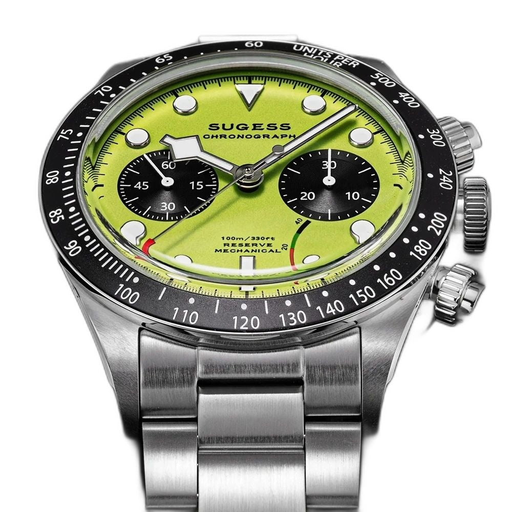 Sugess S457 lime green dial manual chronograph, black sub-dials, steel bracelet, angled product view on black