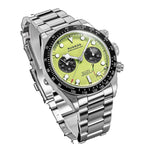 Sugess S457 lime green dial manual chronograph, black sub-dials, steel bracelet, dynamic angled view on black