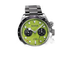 Sugess S457 lime green dial manual chronograph held in a gloved hand, black sub-dials, steel bracelet