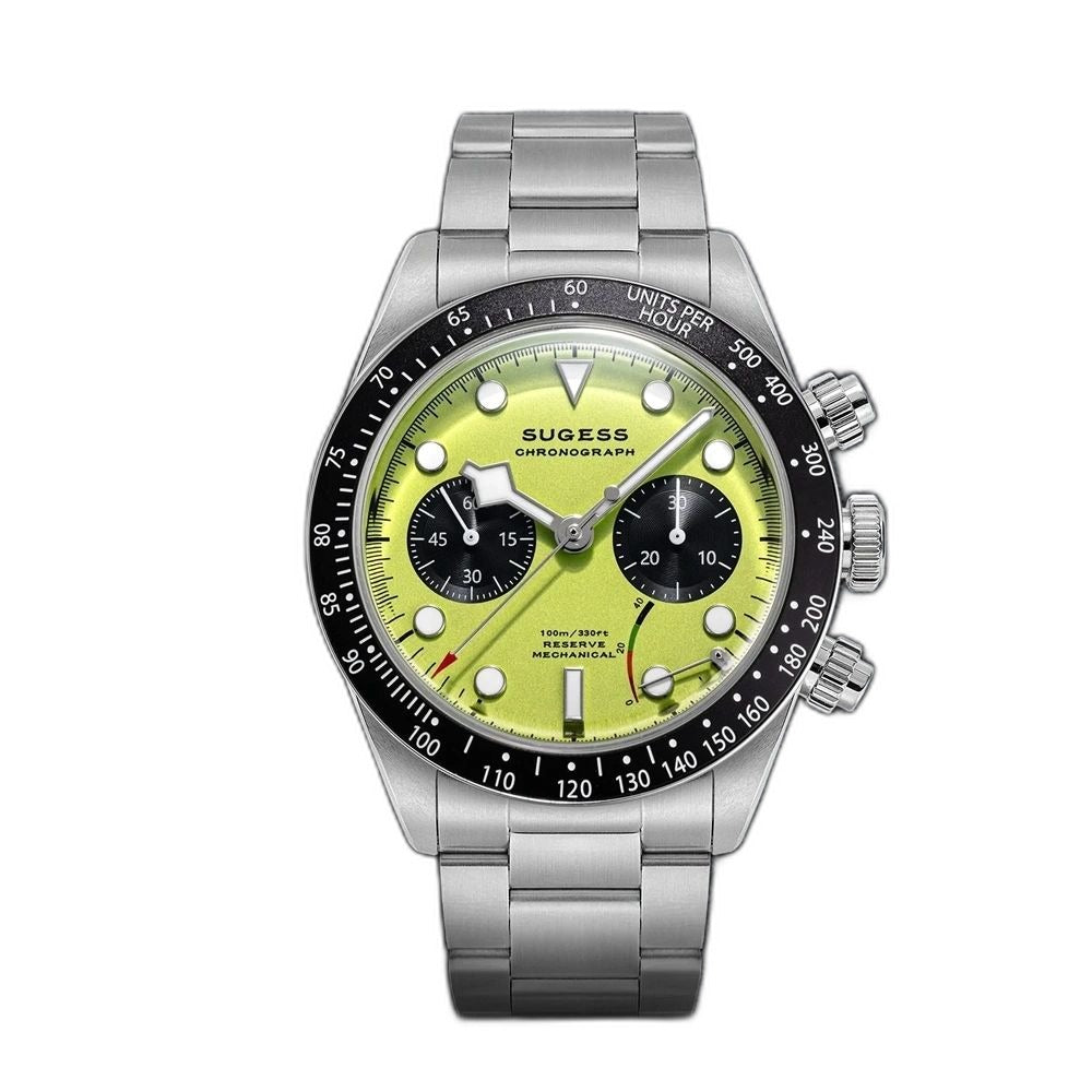 Sugess S457 BB manual chronograph 41mm, lime green dial, black sub-dials, tachymeter bezel, steel bracelet, front