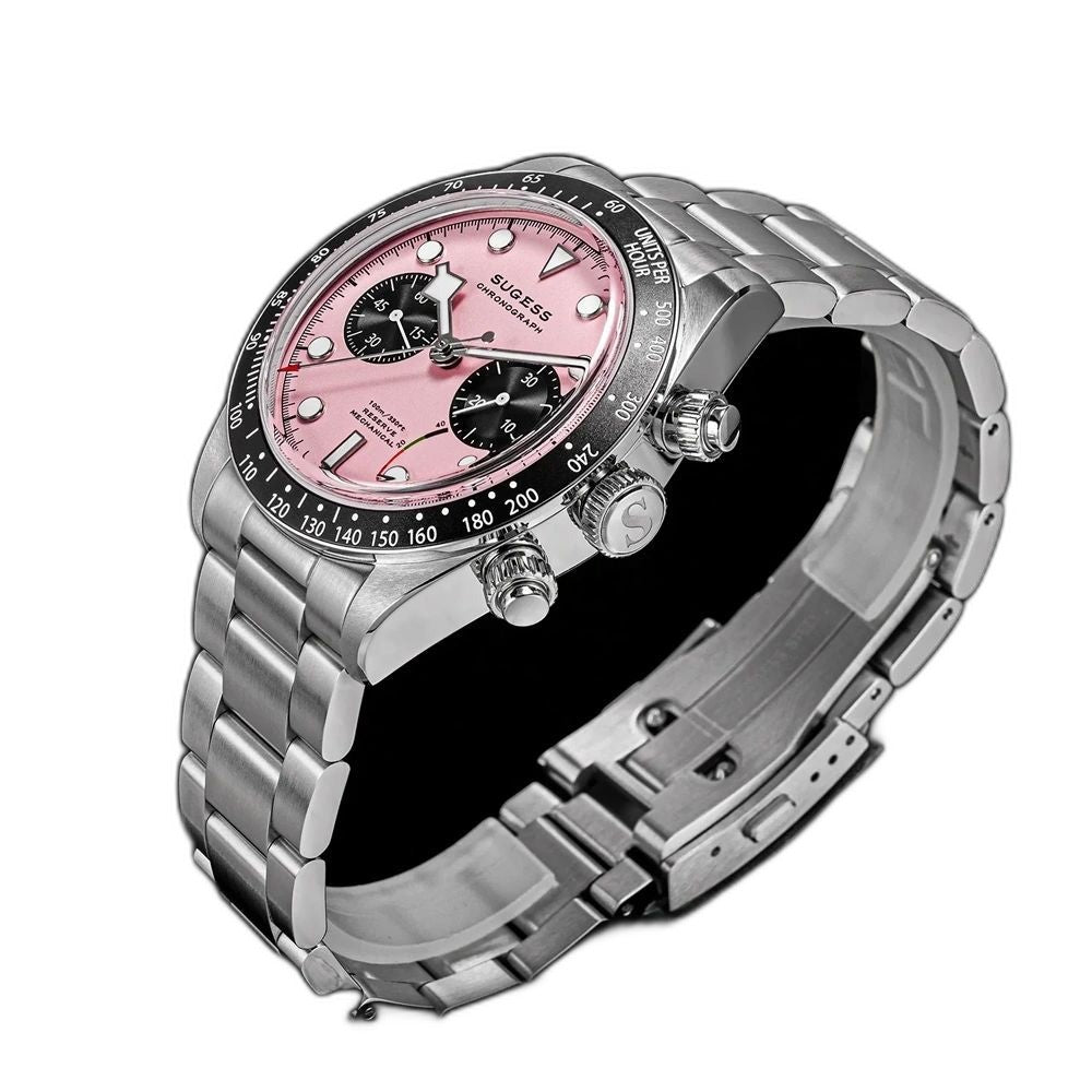 Sugess S457 pink dial manual chronograph, S-engraved crown, steel bracelet, angled view on black