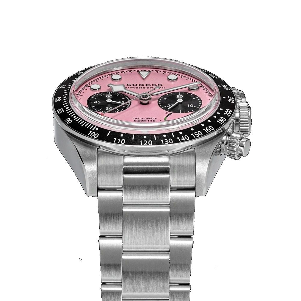 Sugess S457 pink dial manual chronograph, black sub-dials, steel bracelet, low three-quarter angle on black