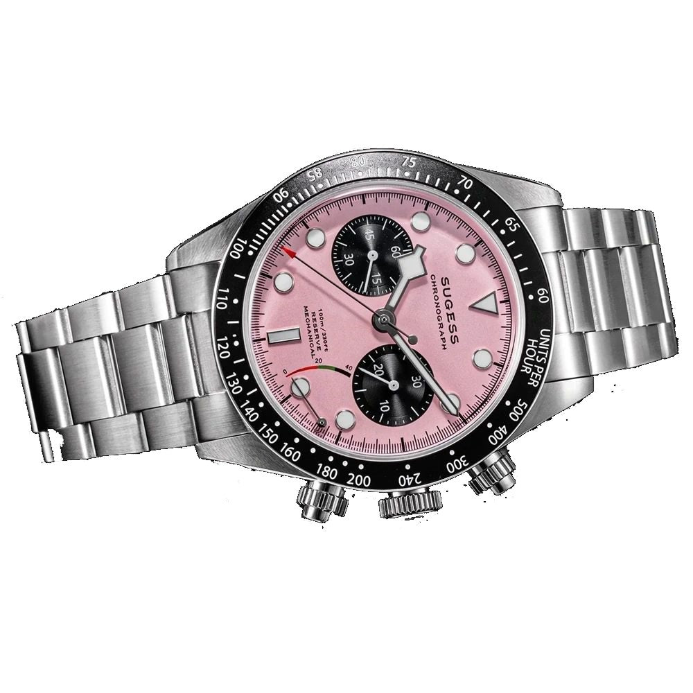 Sugess S457 pink dial manual chronograph, black sub-dials, steel bracelet, front three-quarter view on black