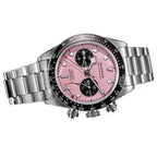 Sugess S457 pink dial manual chronograph, black sub-dials, steel bracelet, front three-quarter view on black