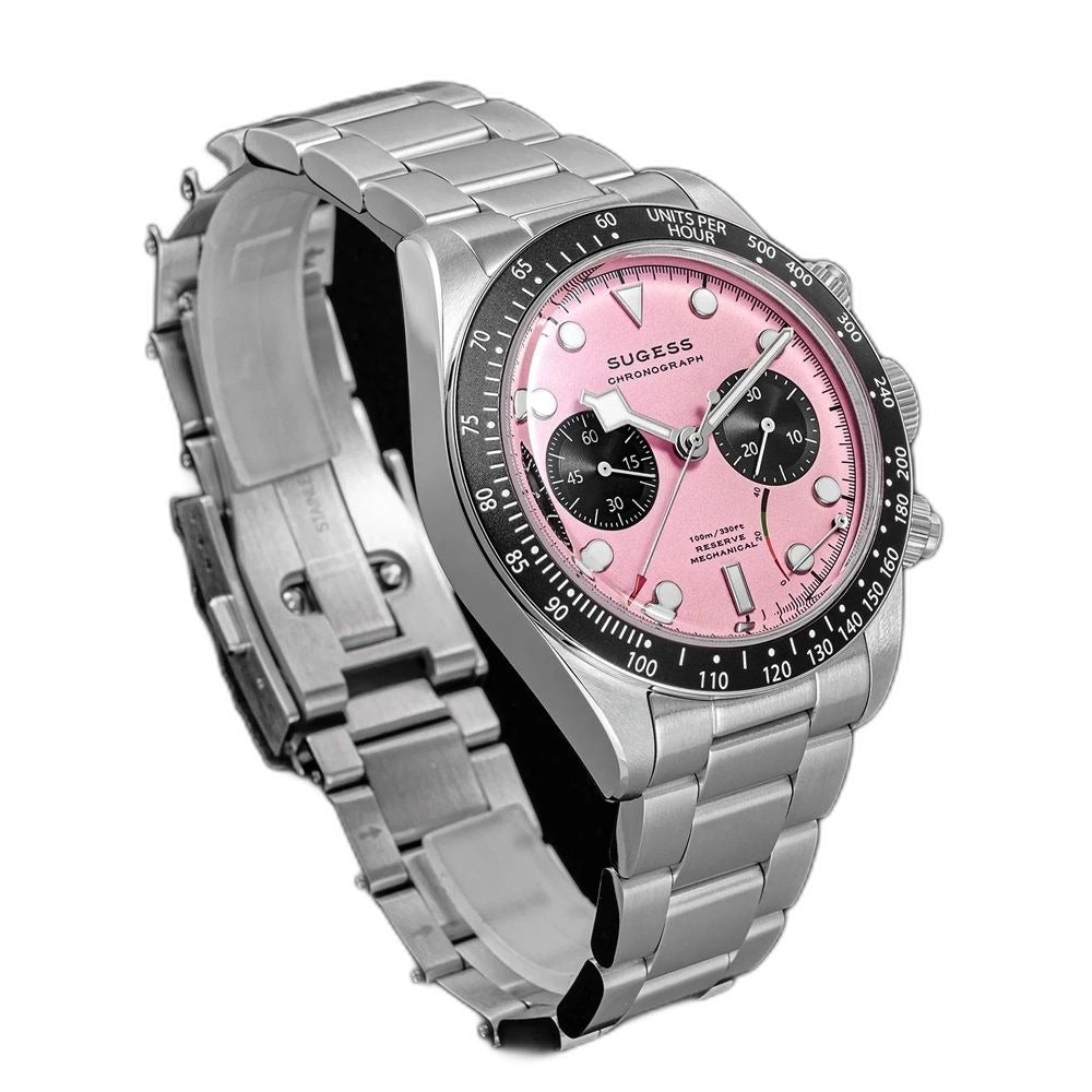 Sugess S457 pink dial manual chronograph, steel bracelet and folding clasp, angled view on black