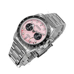 Sugess S457 pink dial manual chronograph, black sub-dials, steel bracelet, three-quarter angled view on black