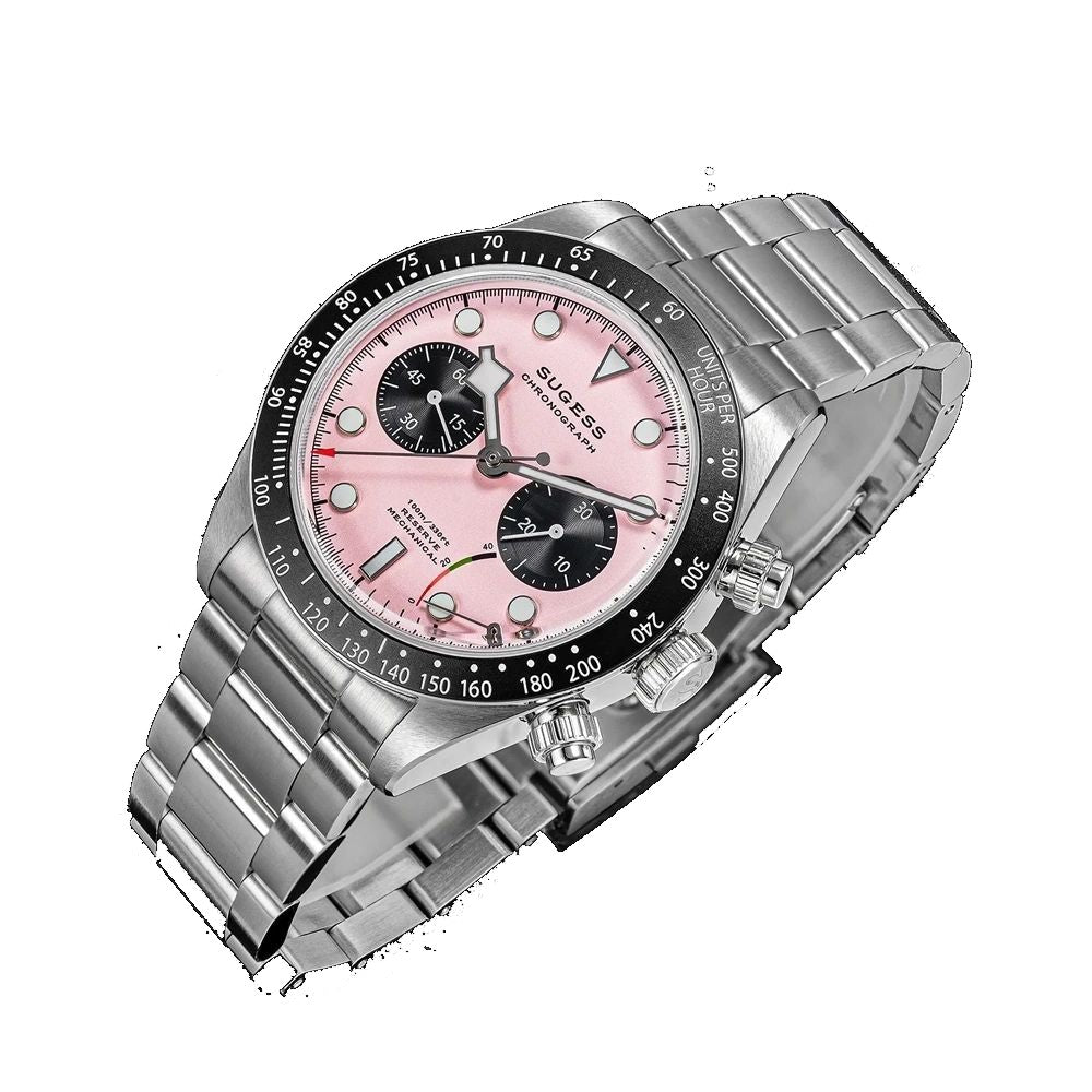 Sugess S457 pink dial manual chronograph, black sub-dials, steel bracelet, three-quarter angled view on black