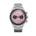 Sugess S457 BB manual chronograph 41mm, pink dial, black sub-dials, tachymeter bezel, steel bracelet, front view