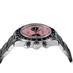 Sugess S457 pink dial manual chronograph side profile, three chrono pushers, steel bracelet, on black