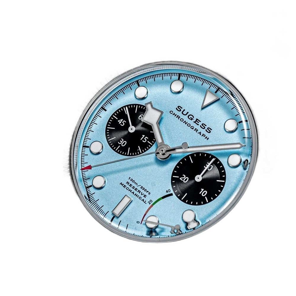 Sugess S457 teal blue dial manual chronograph, black sub-dials, steel bracelet, front three-quarter on black