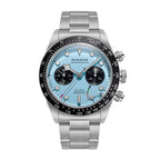 Sugess S457 BB manual chronograph 41mm, teal blue dial, black sub-dials, tachymeter bezel, steel bracelet, front