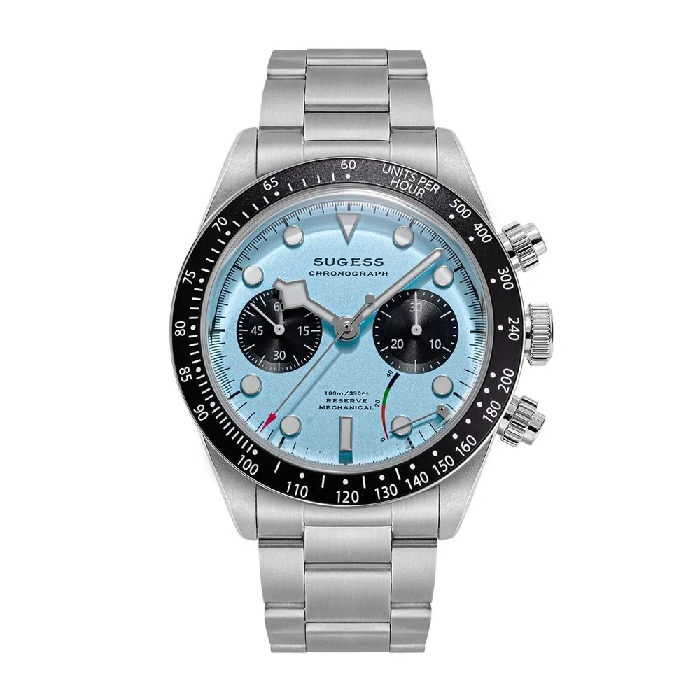 Sugess S457 BB manual chronograph 41mm, teal blue dial, black sub-dials, tachymeter bezel, steel bracelet, front