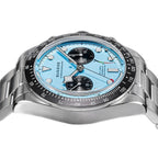 Sugess S457 teal blue dial manual chronograph side profile, steel bracelet, on black