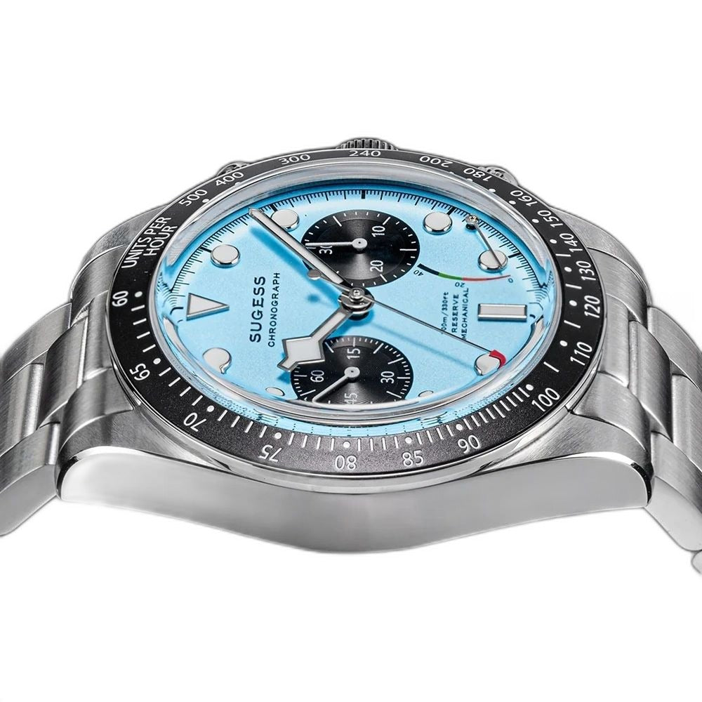 Sugess S457 teal blue dial manual chronograph side profile, steel bracelet, on black