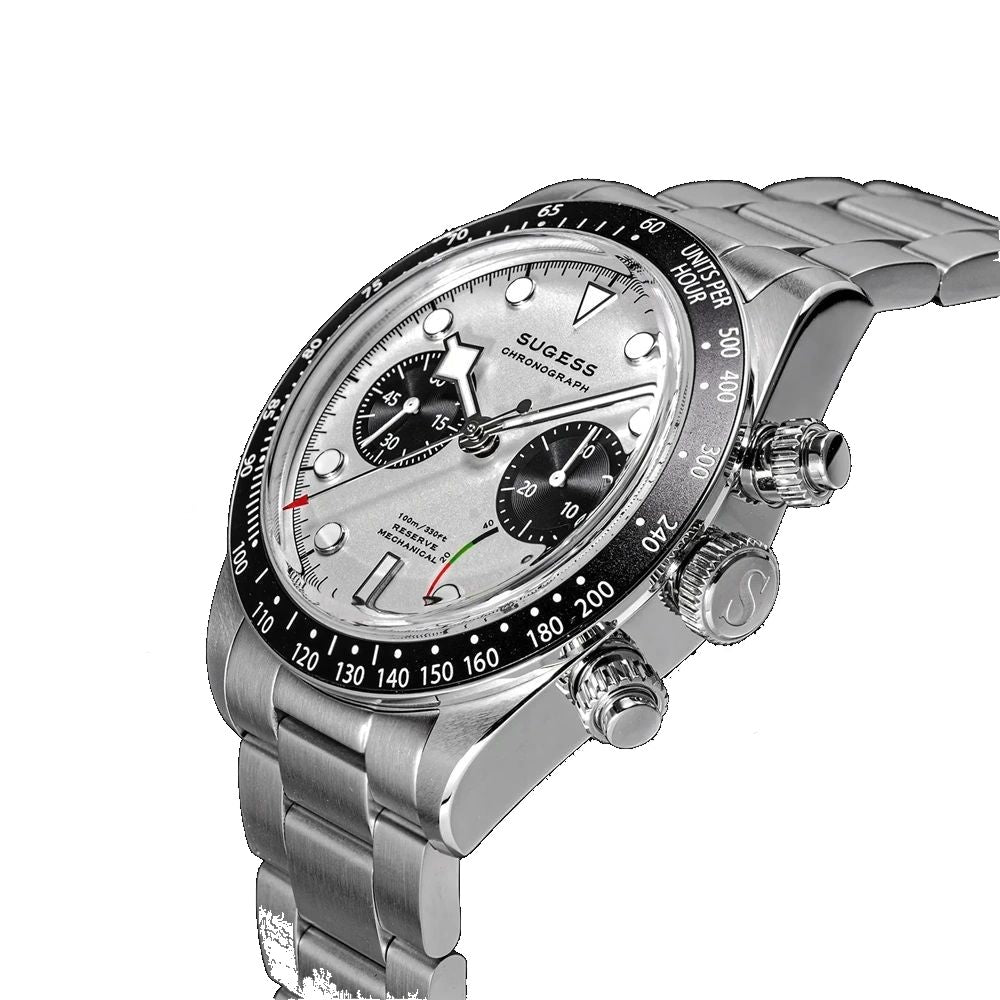 Sugess S457 silver panda dial manual chronograph, S crown, steel bracelet, angled view on black