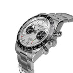 Sugess S457 silver panda dial manual chronograph, S crown, steel bracelet, angled view on black