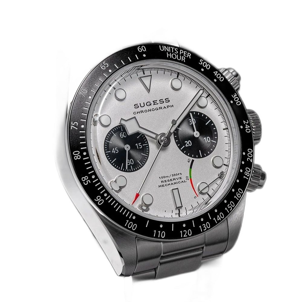 Sugess S457 silver panda dial manual chronograph, black sub-dials, steel bracelet, front three-quarter on black