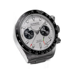Sugess S457 silver panda dial manual chronograph, black sub-dials, steel bracelet, front three-quarter on black