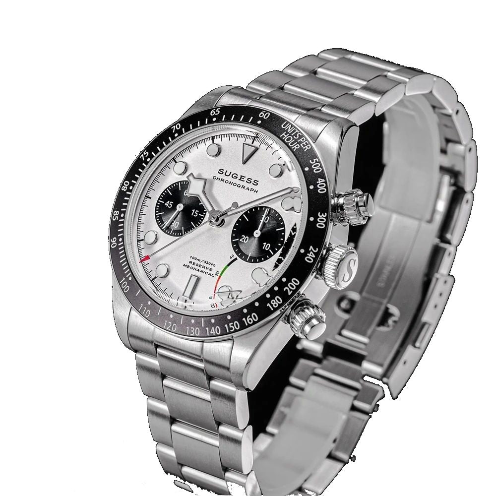 Sugess S457 silver panda dial manual chronograph, black sub-dials, steel bracelet, angled product view on black