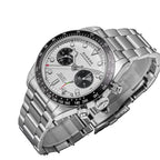 Sugess S457 silver panda dial manual chronograph, black sub-dials, steel bracelet, angled view on black
