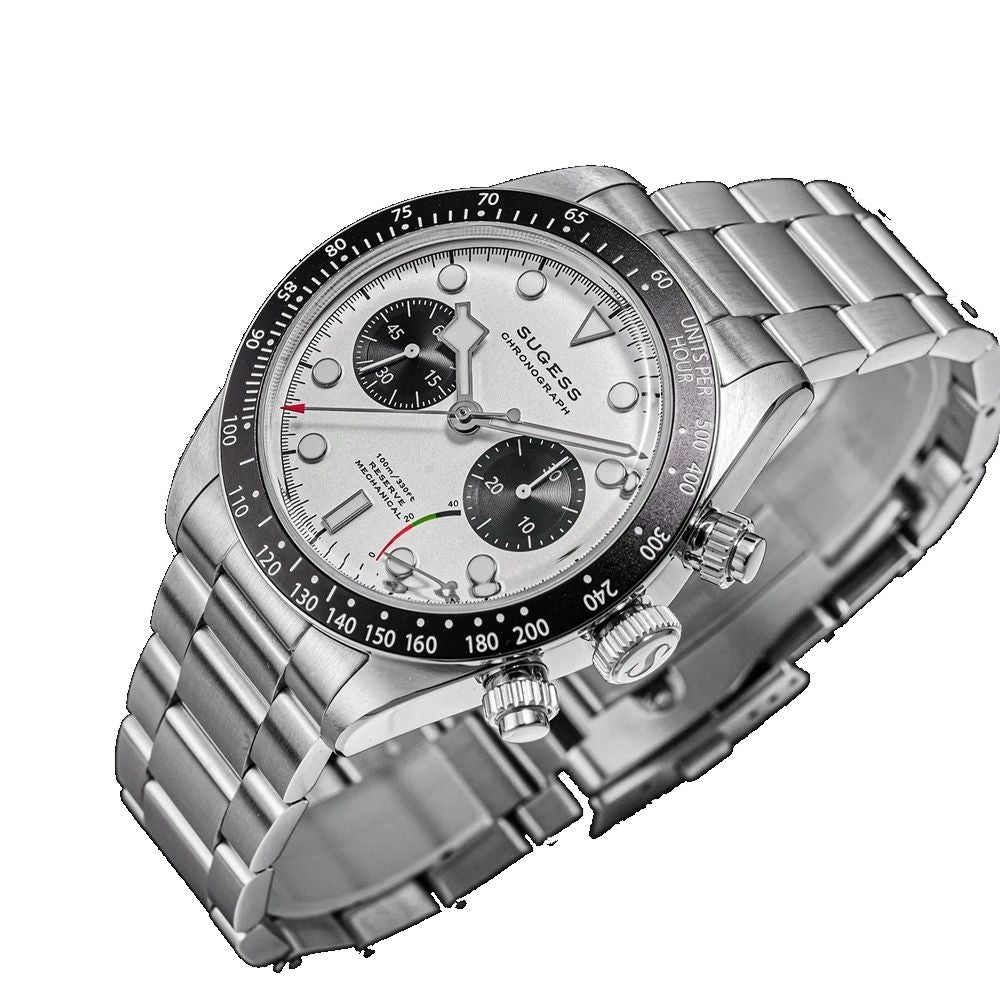 Sugess S457 silver panda dial manual chronograph, black sub-dials, steel bracelet, angled view on black