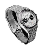 Sugess S457 silver panda dial manual chronograph, black sub-dials, steel bracelet, dynamic angled view on black