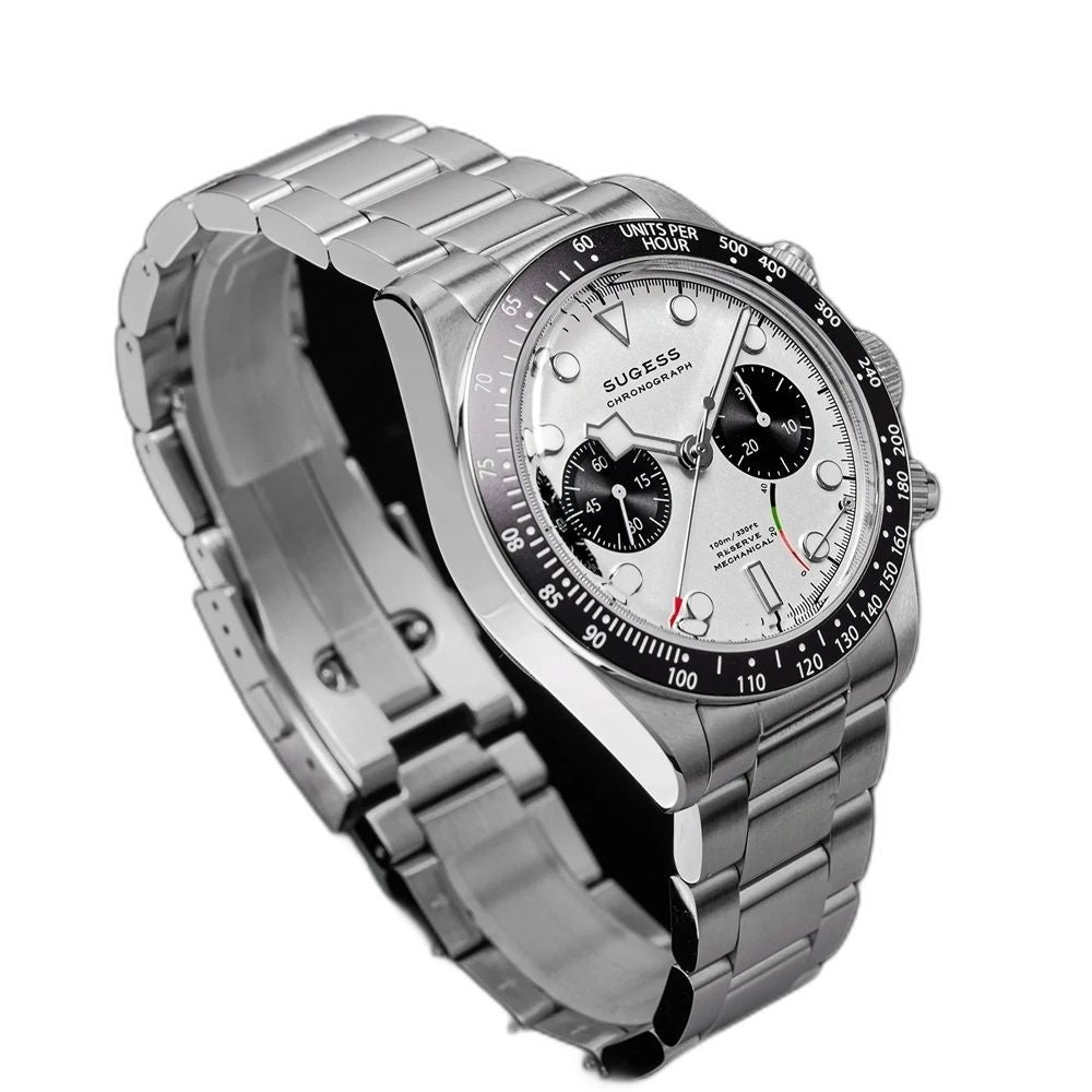 Sugess S457 silver panda dial manual chronograph, black sub-dials, steel bracelet, dynamic angled view on black