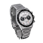 Sugess S457 silver panda dial manual chronograph, black sub-dials, steel bracelet, low angled view on black