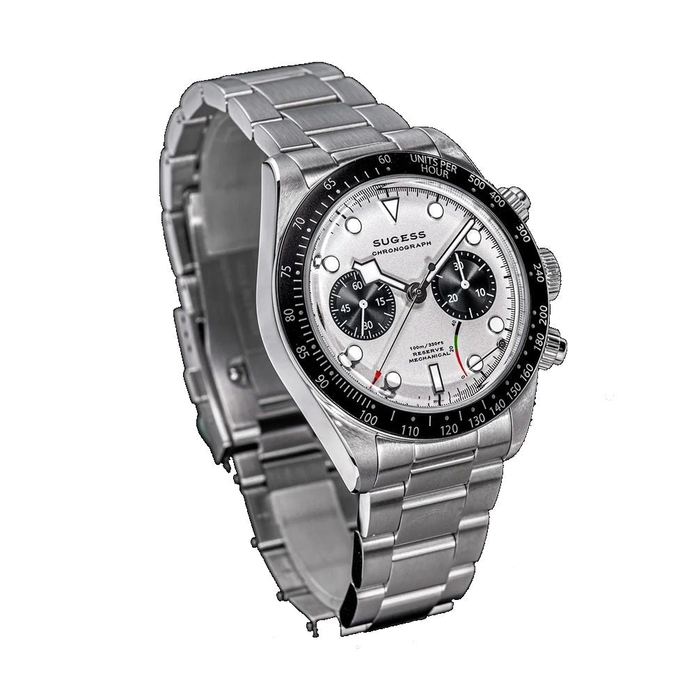 Sugess S457 silver panda dial manual chronograph, black sub-dials, steel bracelet, low angled view on black