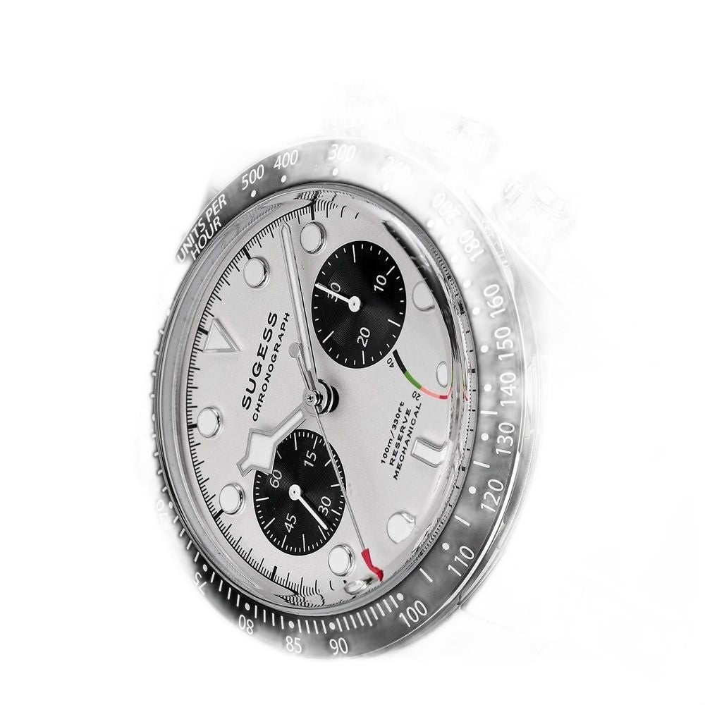 Sugess S457 silver panda dial manual chronograph, black sub-dials, steel bracelet, three-quarter angle on black