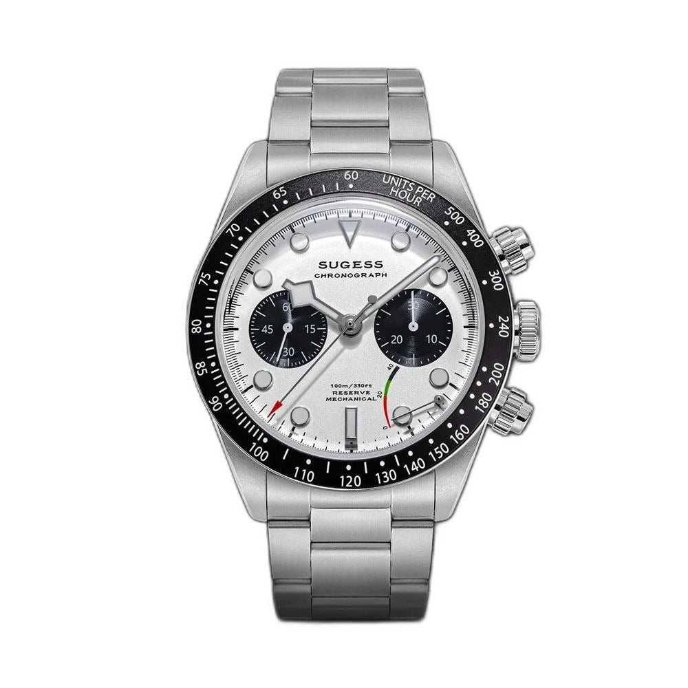 Sugess S457 BB manual chronograph 41mm, silver panda dial, black sub-dials, tachymeter bezel, steel bracelet, front