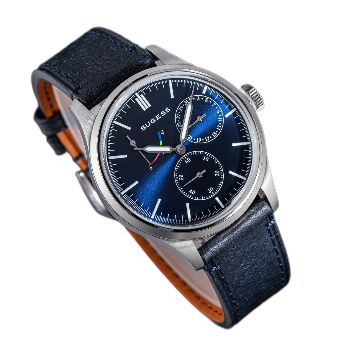 Sugess S458 blue dial power-reserve watch, navy leather strap, angled view with date sub-dial at right, on black