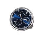 Sugess S458 blue dial power-reserve watch, navy leather strap, low angle with S-engraved crown, on black